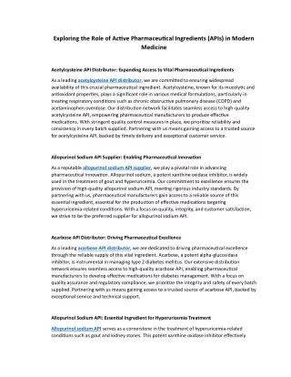 Exploring the Role of Active Pharmaceutical Ingredients (APIs) in Modern Medicin