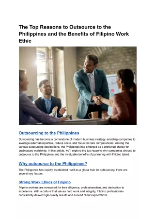 The Top Reasons to Outsource to the Philippines and the Benefits of Filipino Work Ethic