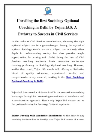 Top Sociology Optional Coaching in Delhi by Yojna IAS: Your Path to Success