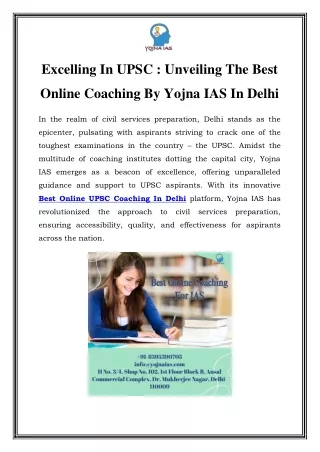 Excelling In UPSC: Unveiling The Best Online Coaching By Yojna IAS In Delhi