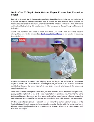 South Africa Vs Nepal South African Umpire Erasmus Bids Farewell to Cricket