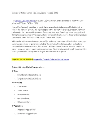 Centesis Catheters Market Size, Analysis and Forecast 2031