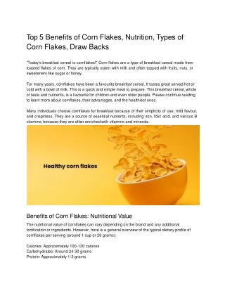 Top 5 Benefits of Corn Flakes, Nutrition, Types of Corn Flakes, Draw Backs