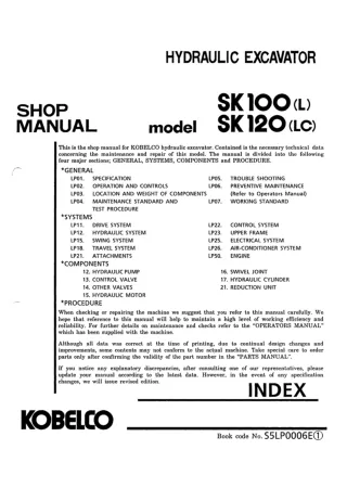 Kobelco SK100 Crawler Excavator Service Repair Manual (SK100 YW-05724 ～)