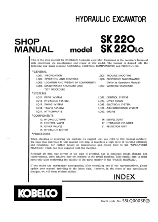 Kobelco SK220 Crawler Excavator Service Repair Manual (LQ-02214 ～, LL-01852 ～)