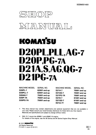 Komatsu D20AG-7 Dozer Bulldozer Service Repair Manual SN 75001 and up
