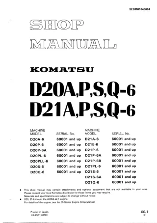 Komatsu D20PLL-6 Dozer Bulldozer Service Repair Manual SN 60001 and up