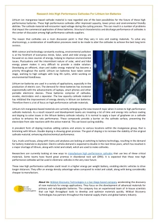 Research Into High Performance Cathodes For Lithium Ion Batteries