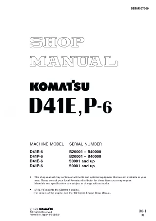 Komatsu D41P-6 Dozer Bulldozer Service Repair Manual SN 50001 and up