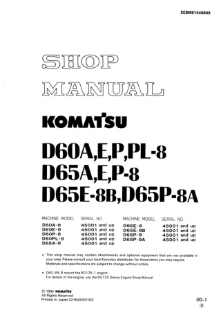 Komatsu D65E-8B Dozer Bulldozer Service Repair Manual SN：45001 and up