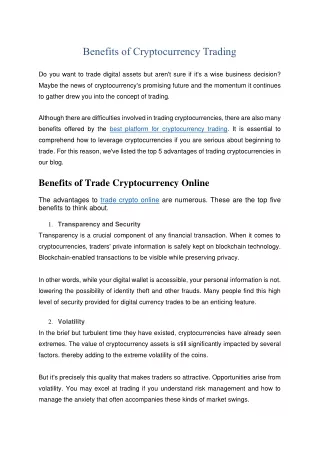 Benefits of Cryptocurrency Trading