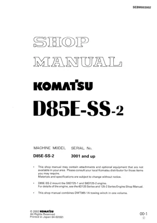 Komatsu D85ESS-2 Dozer Bulldozer Service Repair Manual SN 3001 and up