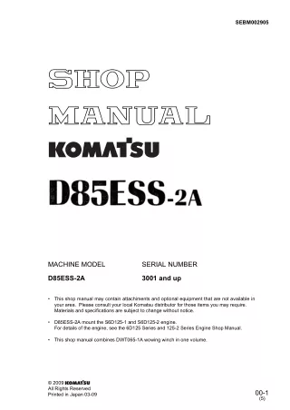 Komatsu D85ESS-2A Dozer Bulldozer Service Repair Manual SN 3001 and up