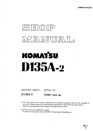 Komatsu D135A-2 Dozer Bulldozer Service Repair Manual SN 10301 and up