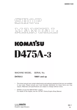 Komatsu D475A-3 Dozer Bulldozer Service Repair Manual SN 10601 and up