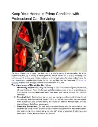 Keep Your Honda in Prime Condition with Professional Car Servicing