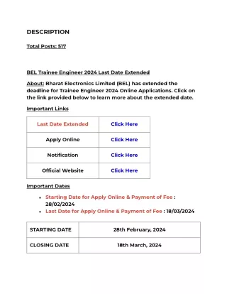 BEL Trainee Engineer 2024 Last Date Extended