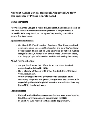 Navneet Kumar Sehgal Has Been Appointed As New Chairperson Of Prasar Bharati