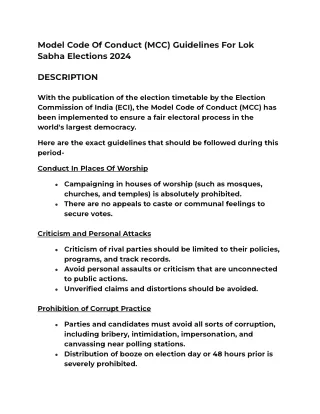 Model Code Of Conduct (MCC) Guidelines For Lok Sabha Elections 2024