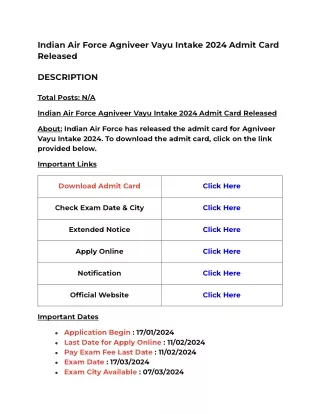 Indian Air Force Agniveer Vayu Intake 2024 Admit Card Released