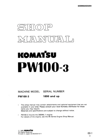 Komatsu PW100-3 Compact Excavator Service Repair Manual SN：1890 and up
