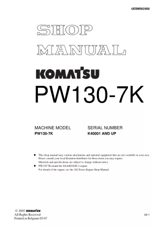 Komatsu PW130-7K Hydraulic Excavator Service Repair Manual SN：K40001 and up