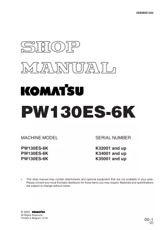 Komatsu PW130ES-6K Hydraulic Excavator Service Repair Manual SN K32001 and up