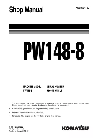 Komatsu PW148-8 Hydraulic Excavator Service Repair Manual (PW148-8 Serial H55051 and up)