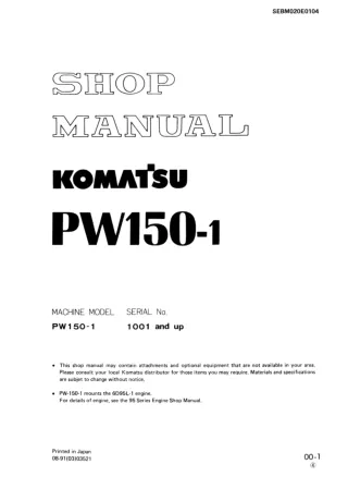 Komatsu PW150-1 Hydraulic Excavator Service Repair Manual SN 1001 and up