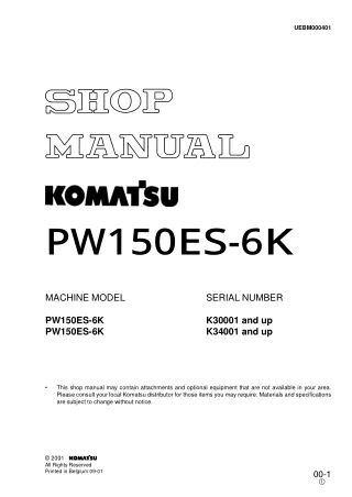 Komatsu PW150ES-6K Hydraulic Excavator Service Repair Manual SN：K30001 and up