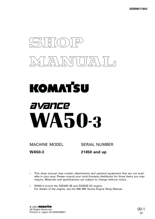 Komatsu WA50-3 Avance Wheel Loader Service Repair Manual SN21450 and up