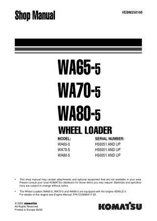 Komatsu WA70-5 Wheel Loader Service Repair Manual SNH50051 and up