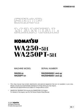 Komatsu WA250-5H Wheel Loader Service Repair Manual SN：WA250H50051 and up