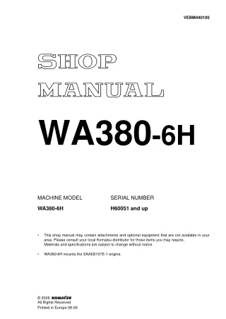 Komatsu WA380-6H Wheel Loader Service Repair Manual SN：H60051 and up