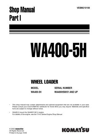 Komatsu WA400-5H Wheel Loader Service Repair Manual SN WA400H50051 and up