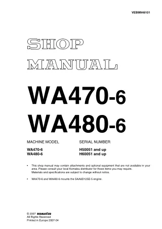 Komatsu WA470-6 Wheel Loader Service Repair Manual SNH50051 and up