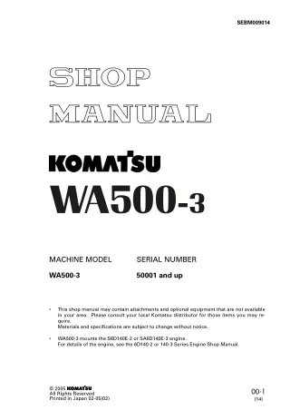 KOMATSU WA500-3 WHEEL LOADER Service Repair Manual SN：50001 and up