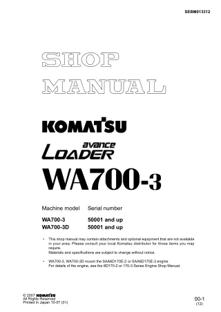 Komatsu WA700-3 Wheel Loader Service Repair Manual SN：50001 and up