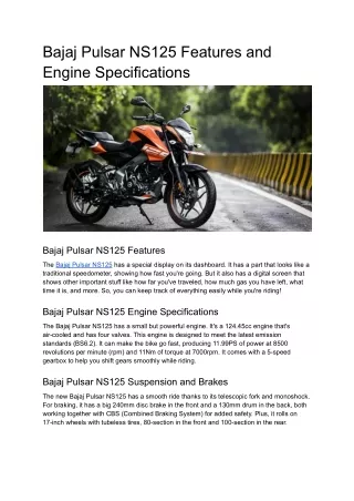 Bajaj Pulsar NS125 Features and Engine Specifications