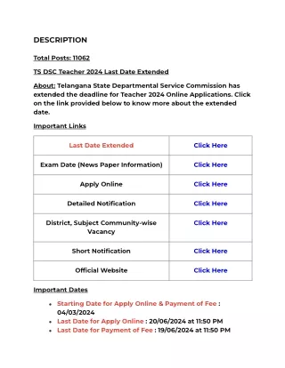 TS DSC Teacher 2024 Last Date Extended