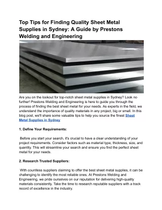Top Tips for Finding Quality Sheet Metal Supplies in Sydney A Guide by Prestons Welding and Engineering