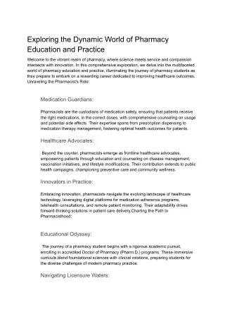 Exploring the Dynamic World of Pharmacy Education and Practice