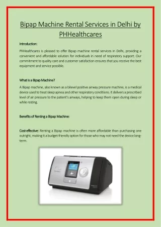 Bipap Machine Rental Services in Delhi by PHHealthcares