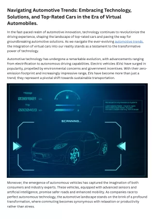 Navigating Automotive Trends Embracing Technology, Solutions, and Top-Rated Cars in the Era of Virtual Automobiles.