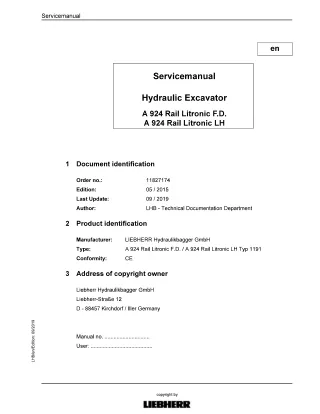 LIEBHERR A924 Rail Litronic F.D. Typ 1191 Hydraulic Excavator Service Repair Manual