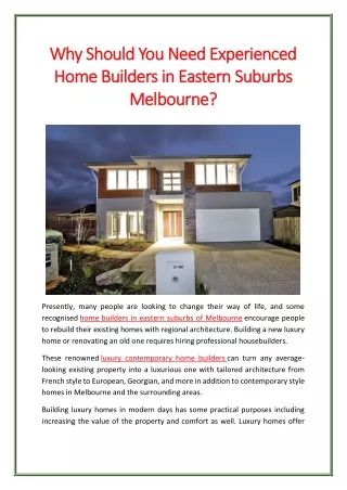 Why Should You Need Experienced Home Builders in Eastern Suburbs Melbourne?