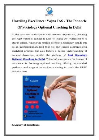 Unlock Your Potential: Top Sociology Optional Coaching in Delhi by Yojna IAS