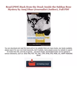 [EBOOK] Back from the Dead: Inside the Subhas Bose Mystery ^DOWNLOAD E.B.O.O.K.# By  Anuj Dhar (Journalist (Author),