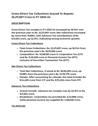 Gross Direct Tax Collections Soared To Rupees 22,27,067 Crore In FY 2023-24