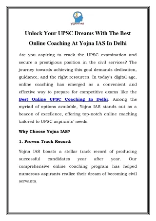 Elevate Your UPSC Journey: Yojna IAS, Delhi Finest Online Coaching